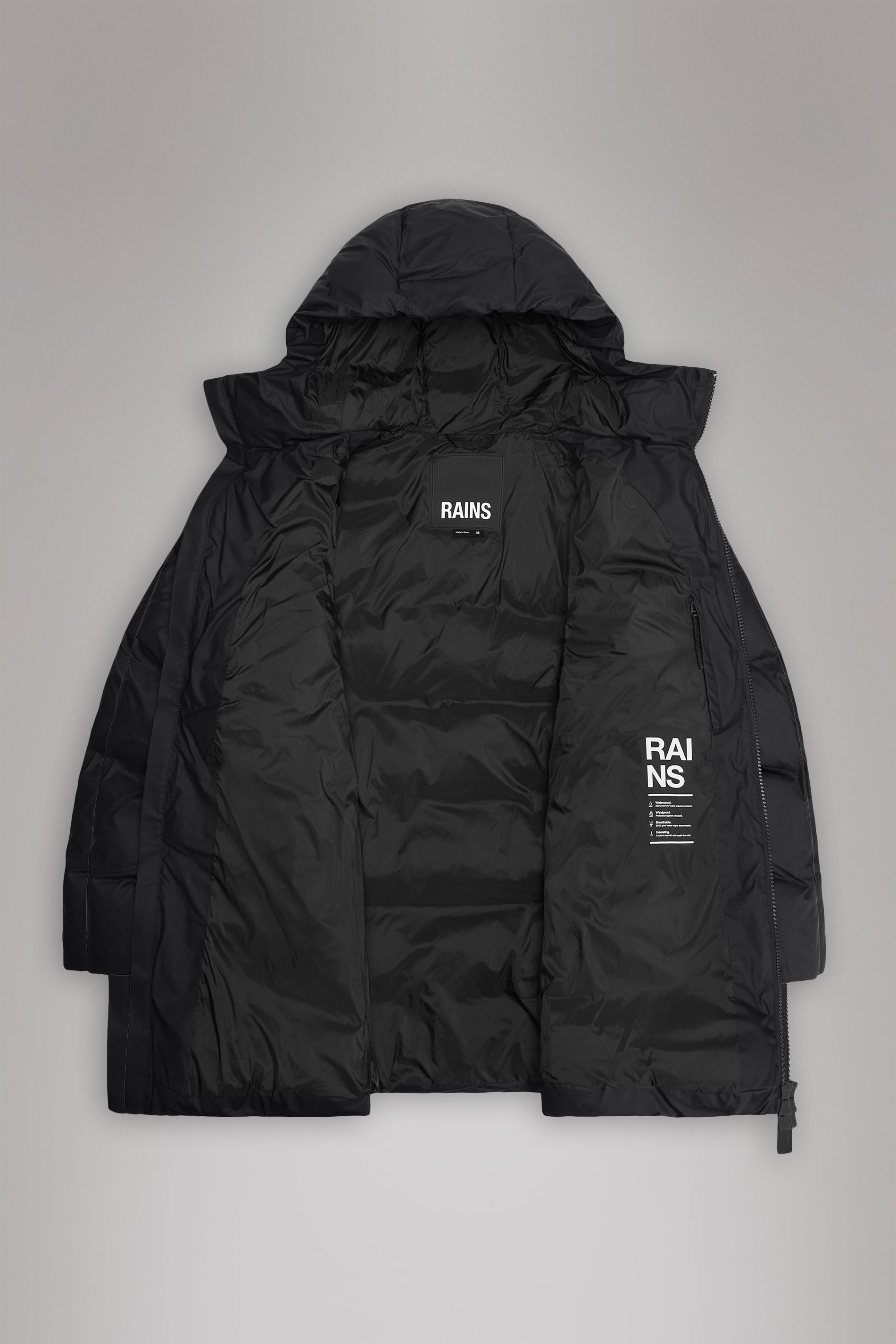 RAINS Alta Long Puffer Cargo Jacket Black Grain Jacket
