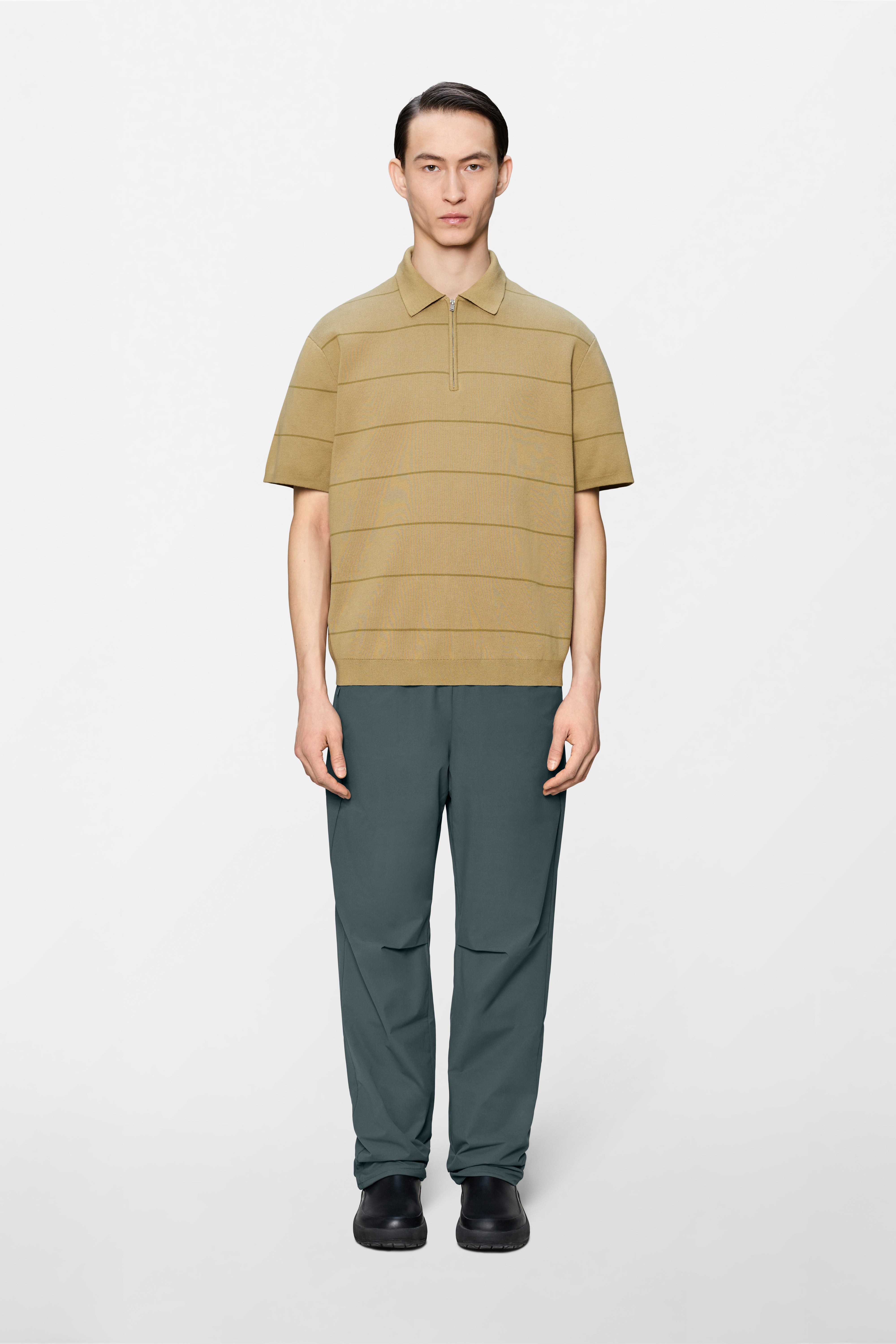 RAINS Striped Knit Polo Fawn Short Sleeve