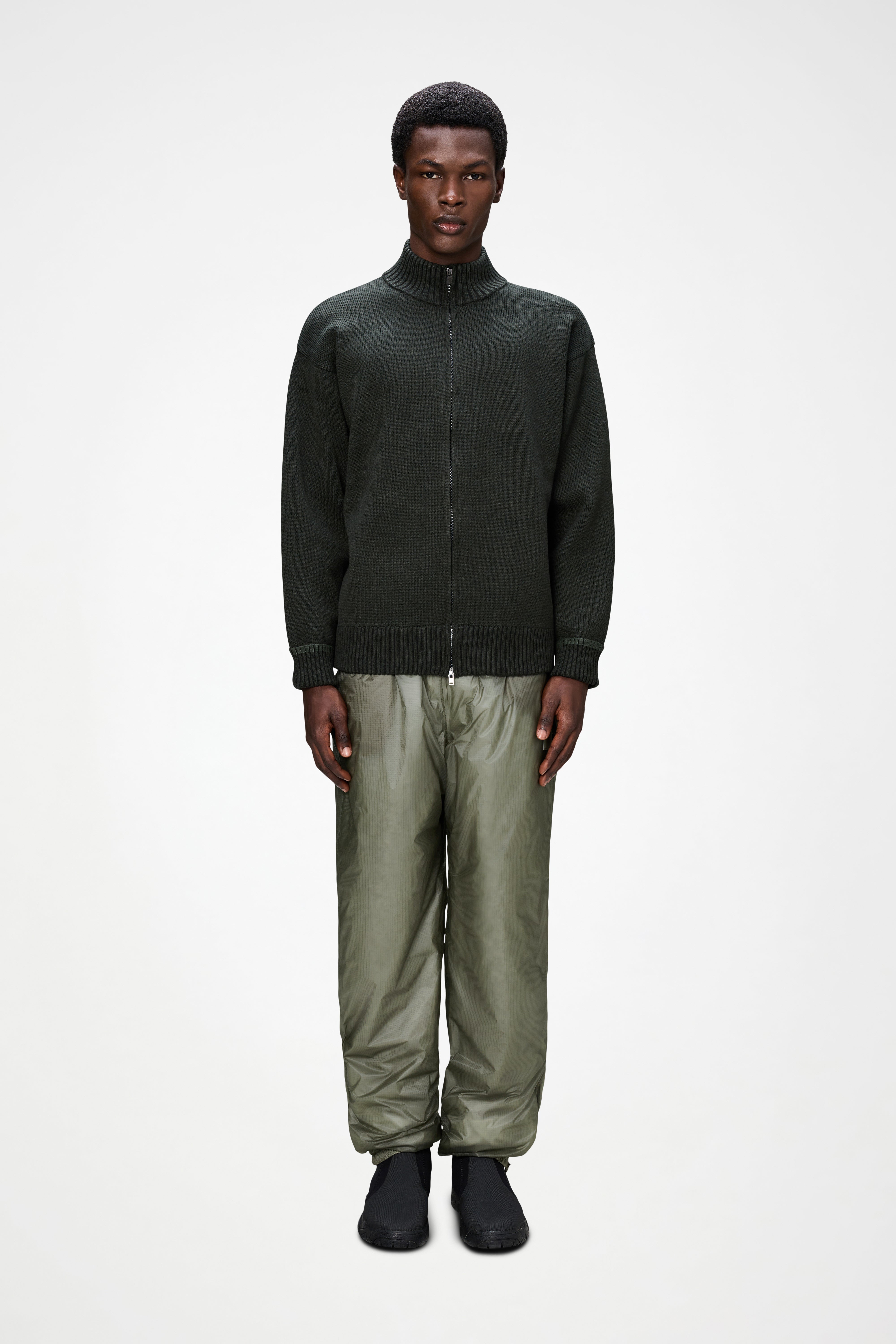 RAINS Sowa Knit Zip Cardigan Green/Black Long Sleeve