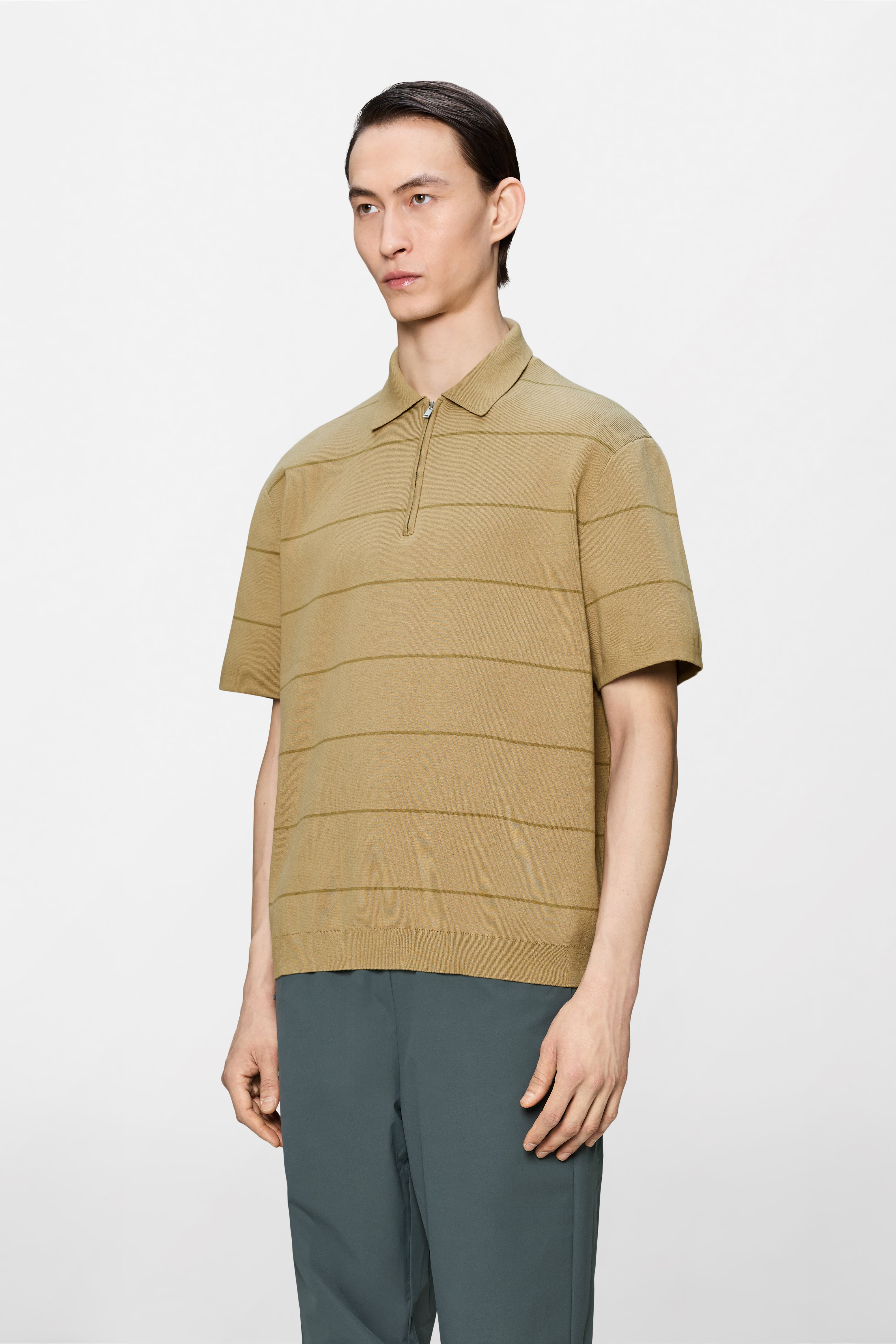 RAINS Striped Knit Polo Fawn Short Sleeve